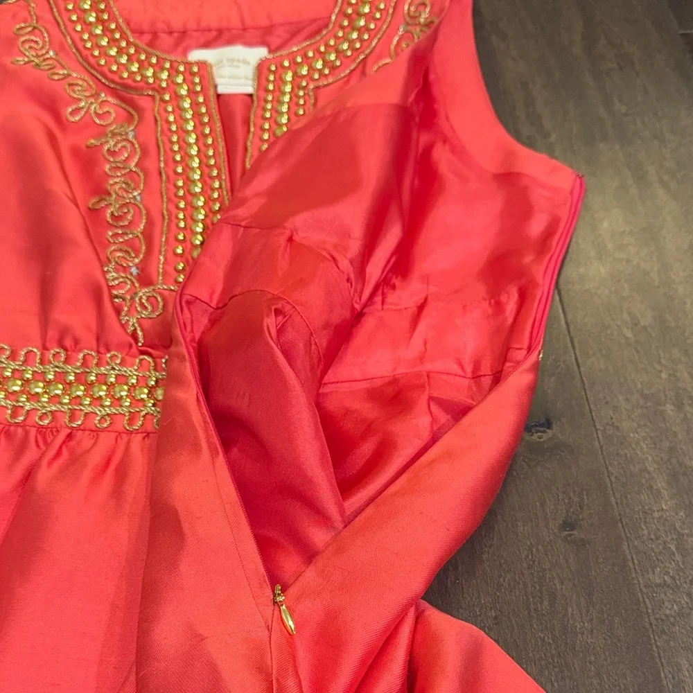 Kate Spade Annette Silk Dress Size 0 Coral Gold Beaded Embroidered Cocktail